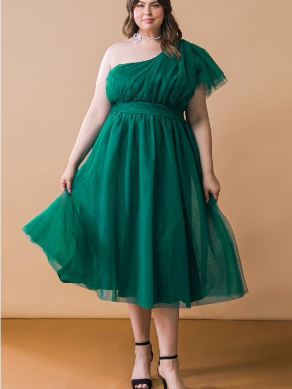 Flying Tomato Emerald One-Shoulder Tulle Midi Dress